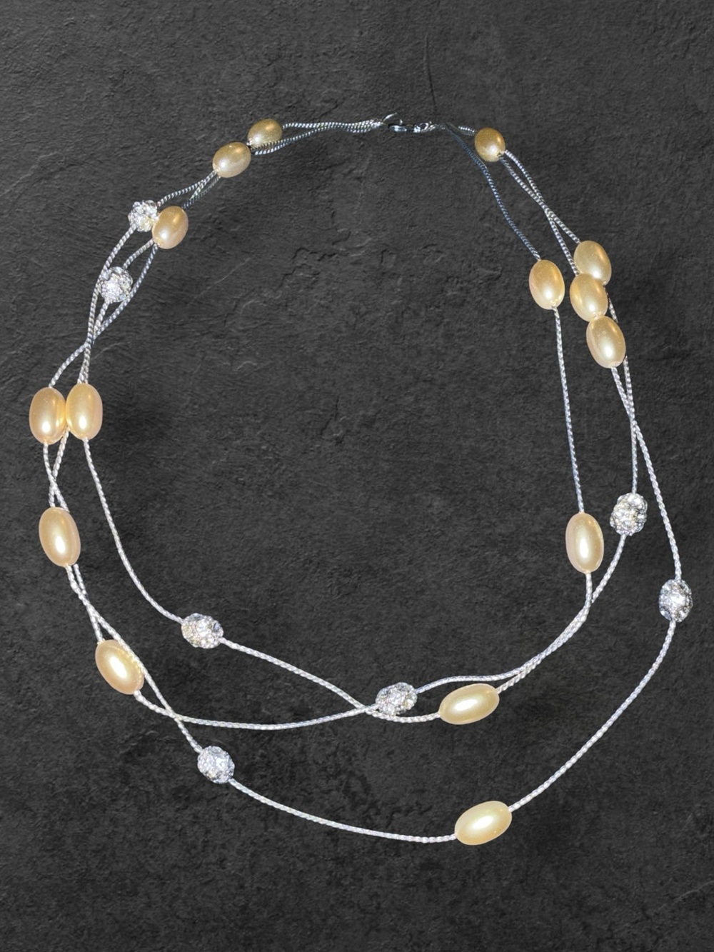 Three Strand Silvertone Champagne Bead & Crystal Disco Ball Necklace 16" Elegant